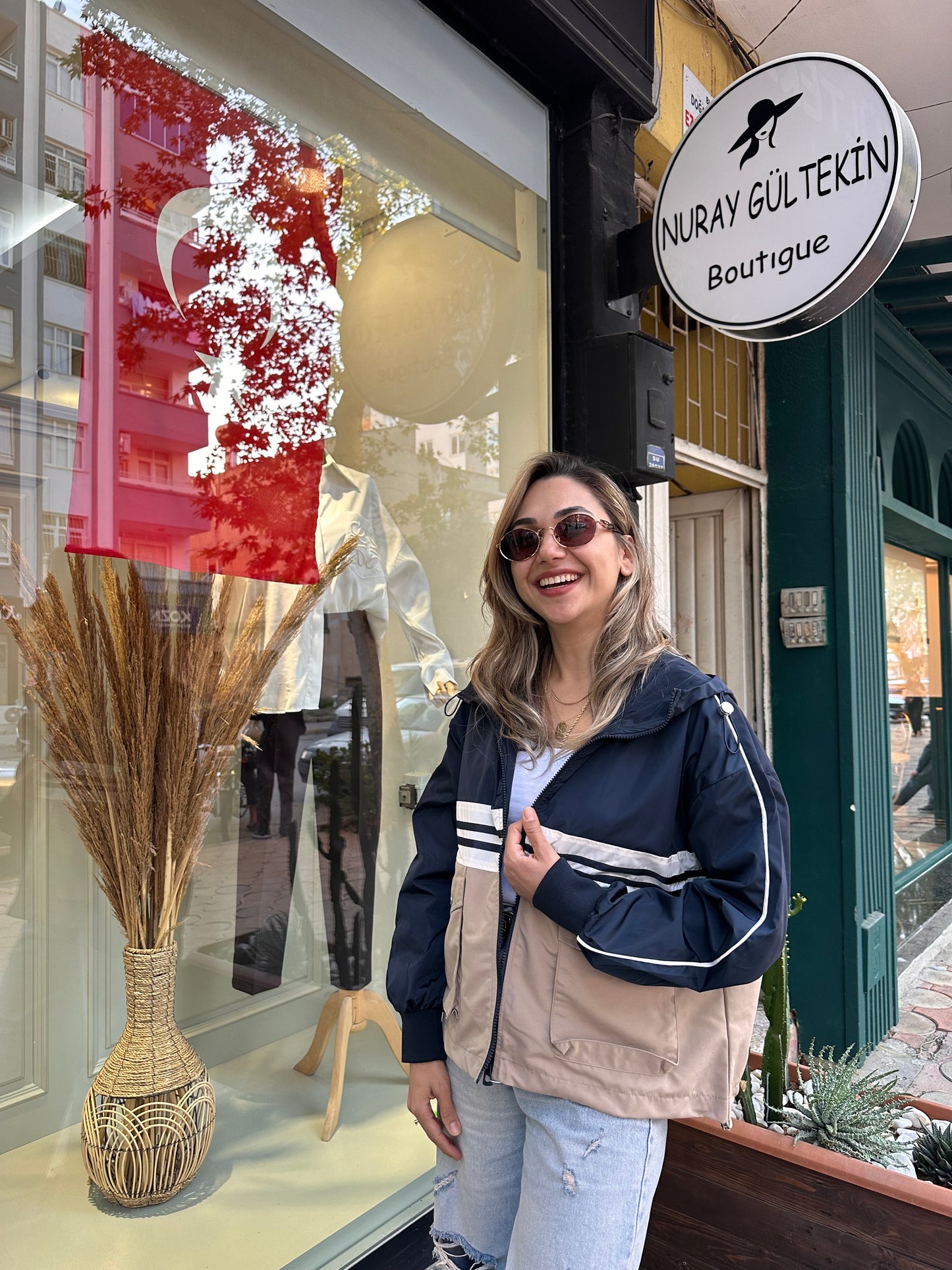 Bej lacivert çizgili ceket ( yağmurluk )