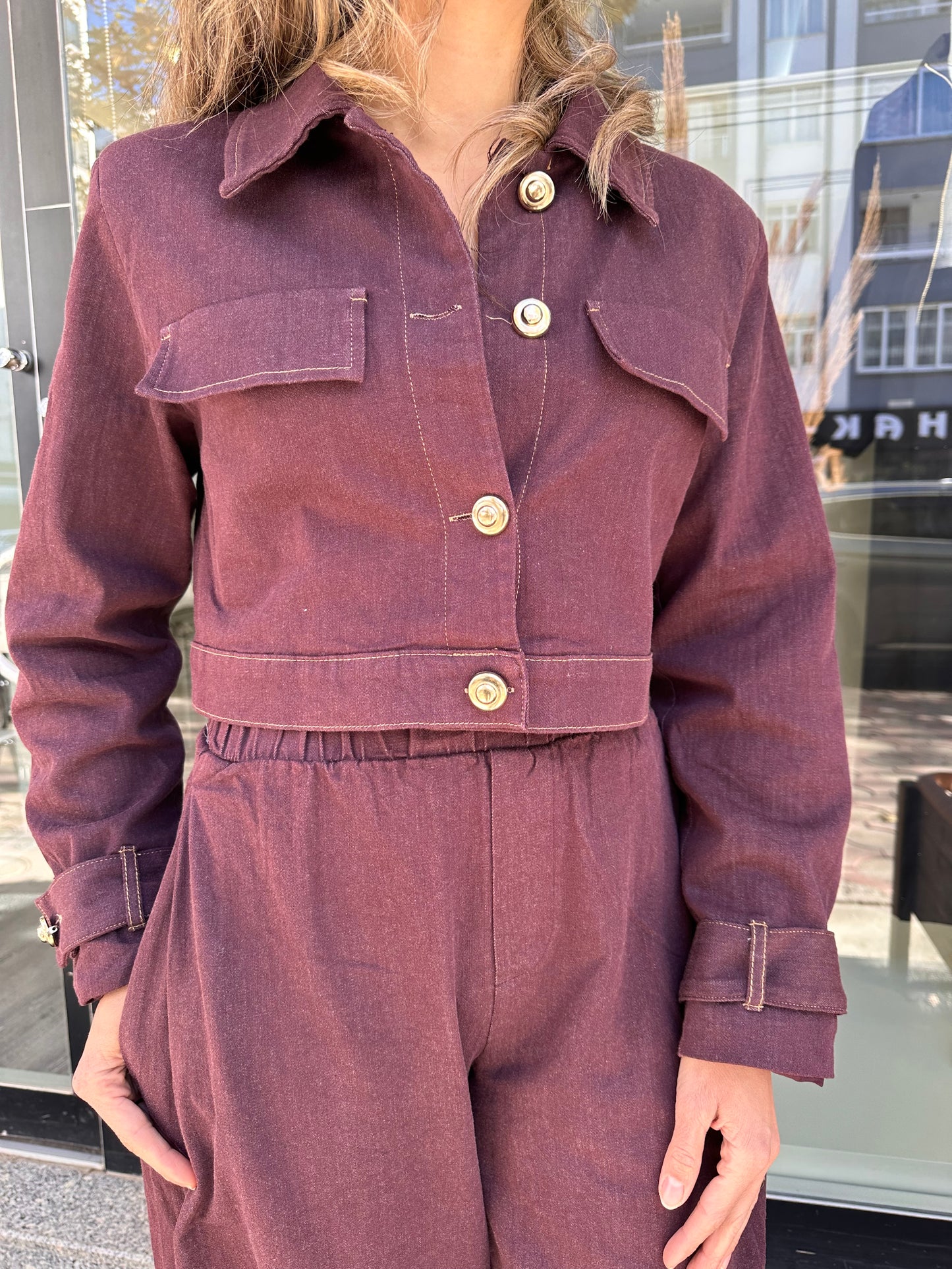 Mürdüm rengi Jean takım