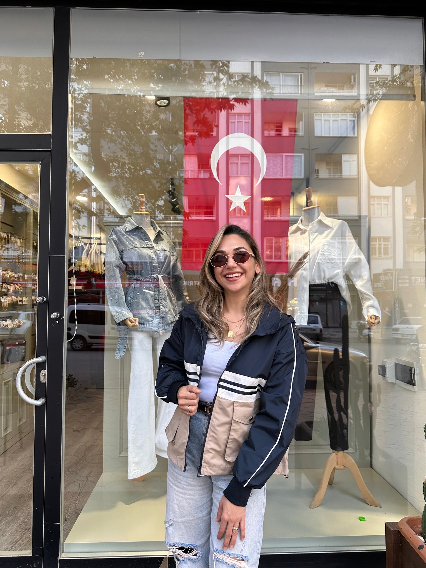 Bej lacivert çizgili ceket ( yağmurluk )